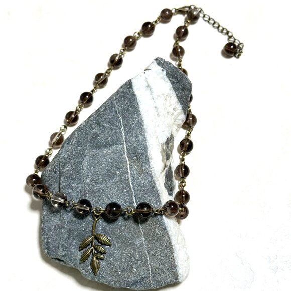 Natural Smoky Quartz Short Necklace, Genuine Gemstone + Cute Bronze Leaf Branch - Picture 4 of 14